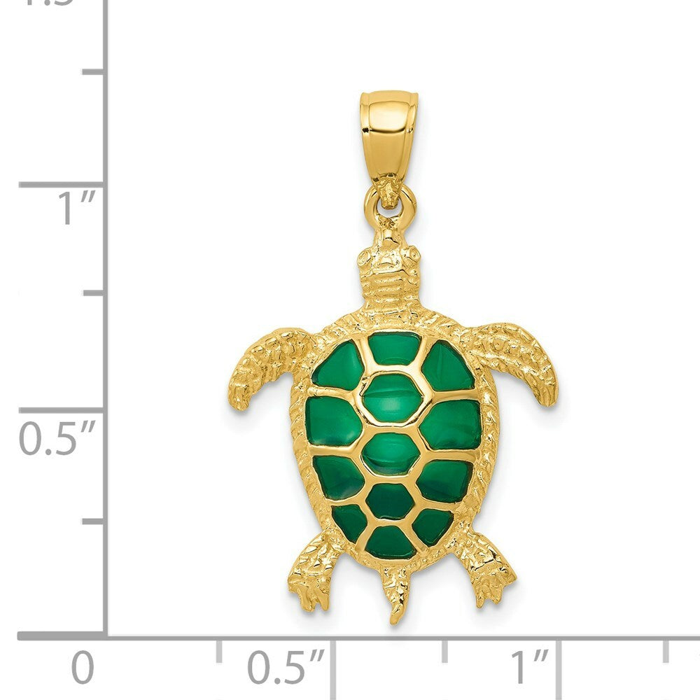 14K Yellow Gold Green Translucent Acrylic Sea Turtle Pendant