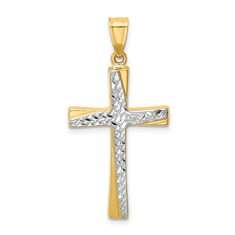 14K Yellow Gold w/Rhodium Diamond-cut Cross Pendant 37mm length