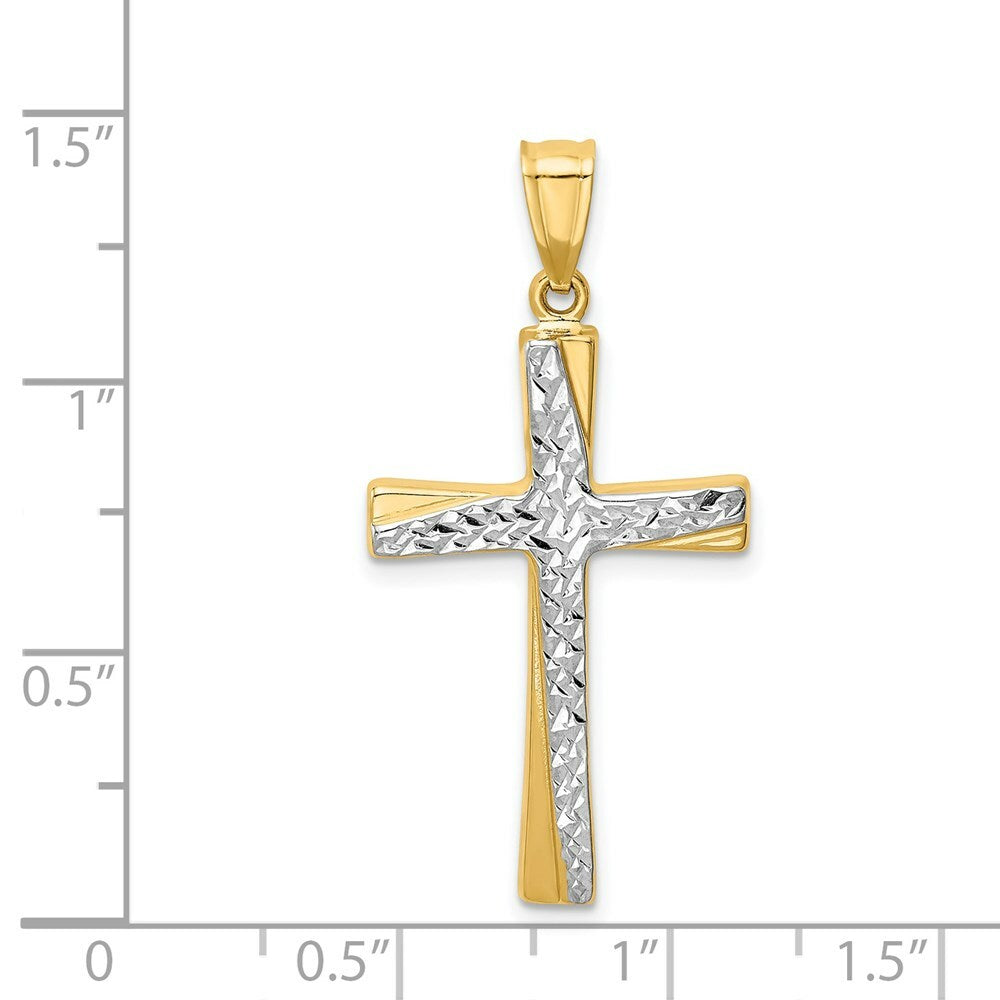 14K Yellow Gold w/Rhodium Diamond-cut Cross Pendant 37mm length