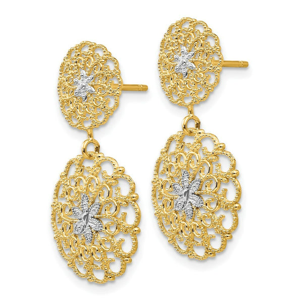 14K Yellow Gold & Rhodium Diamond-cut Filigree Medallion Drop Post Earrings