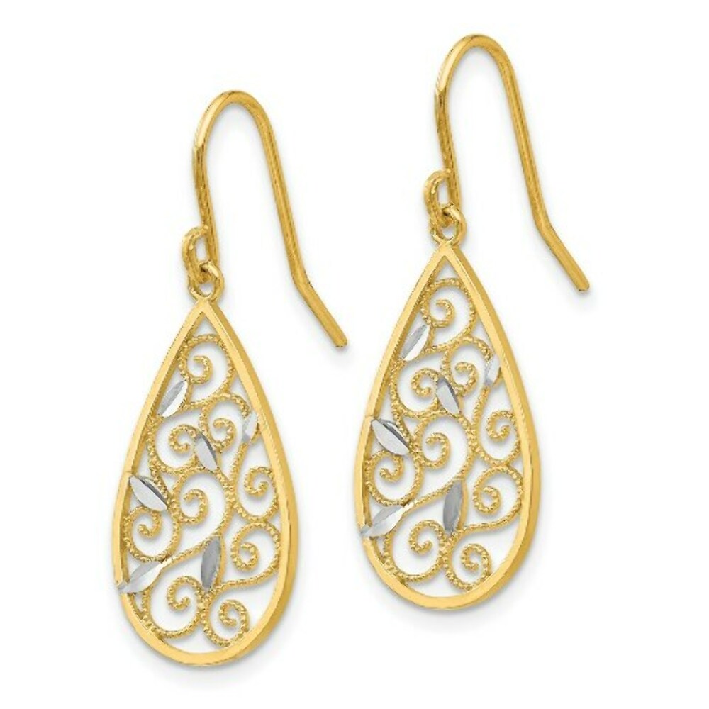 14K Yellow Gold & Rhodium Diamond-cut Filigree Teardrop Wire Earrings