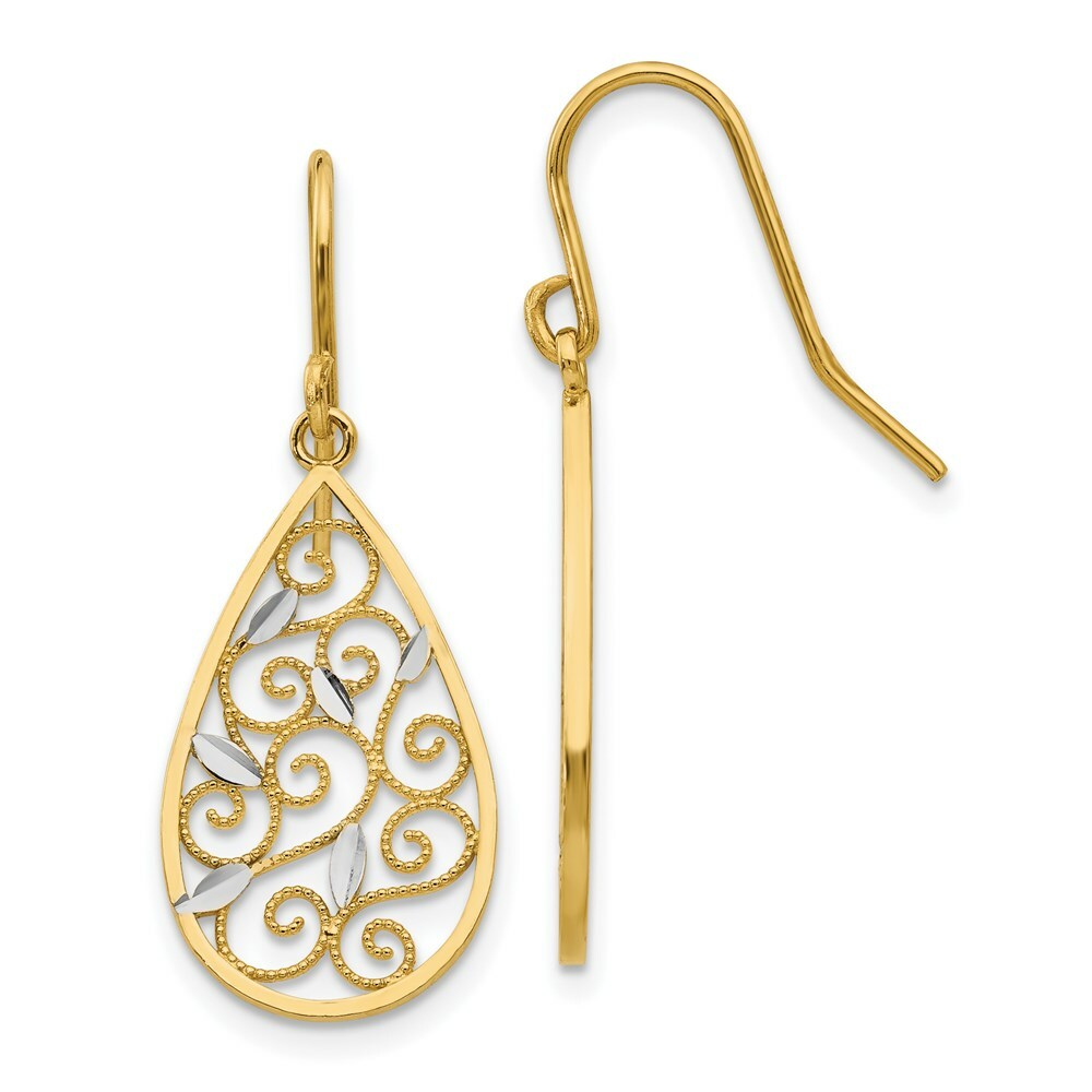 14K Yellow Gold & Rhodium Diamond-cut Filigree Teardrop Wire Earrings