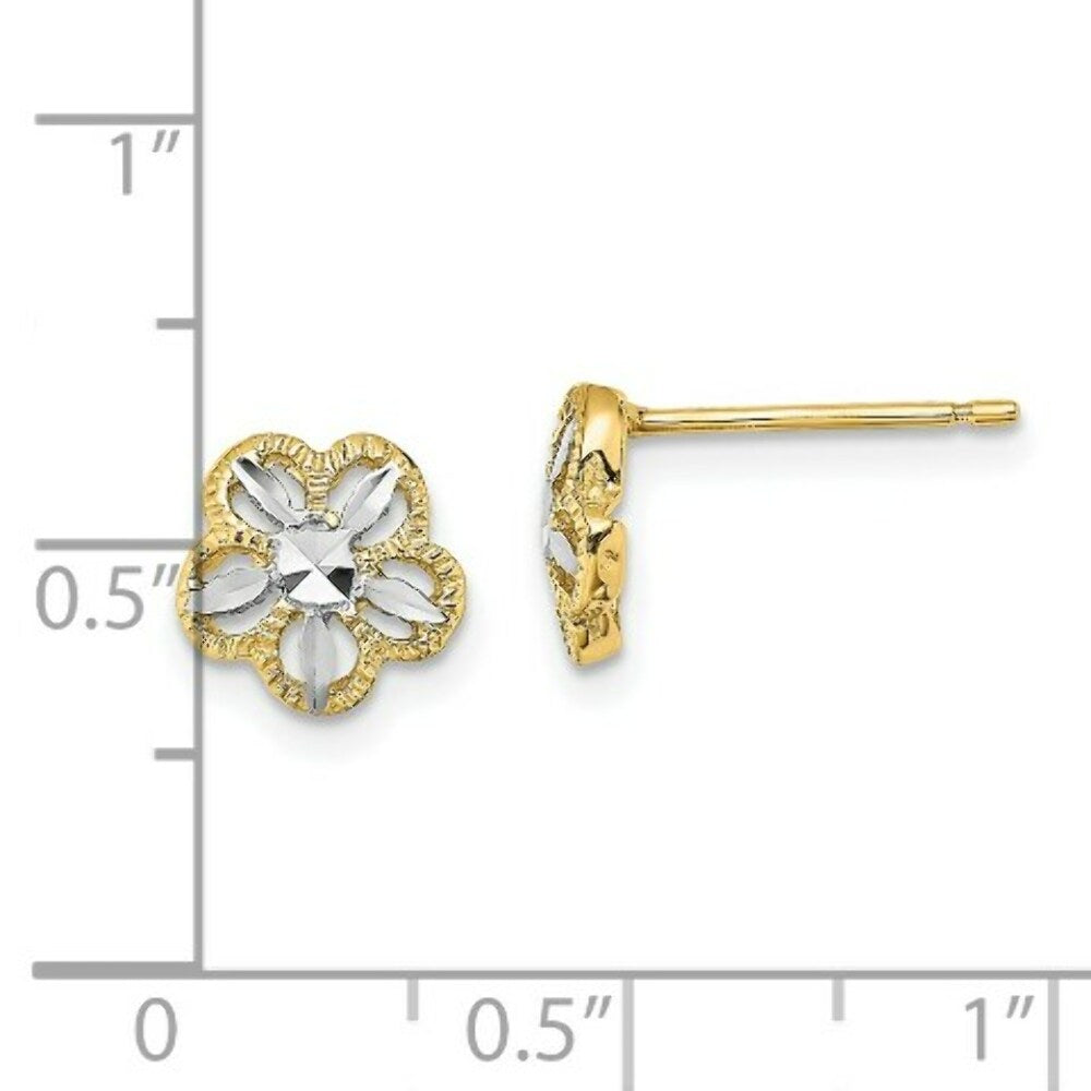 14K Yellow Gold with Rhodium Diamond-cut Flower Post Earrings