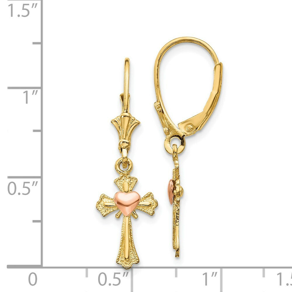 14K Two-tone Gold Heart on Cross Leverback Earrings
