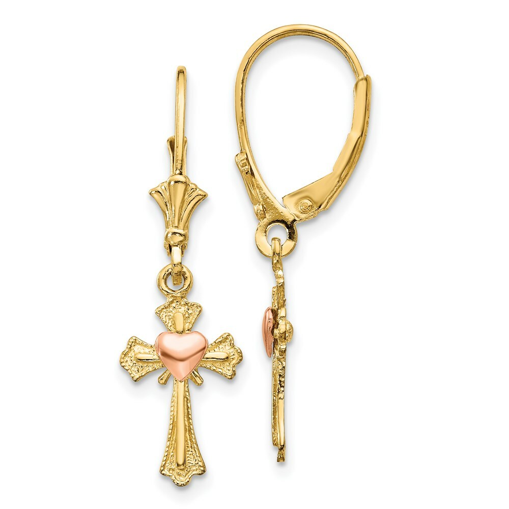 14K Two-tone Gold Heart on Cross Leverback Earrings