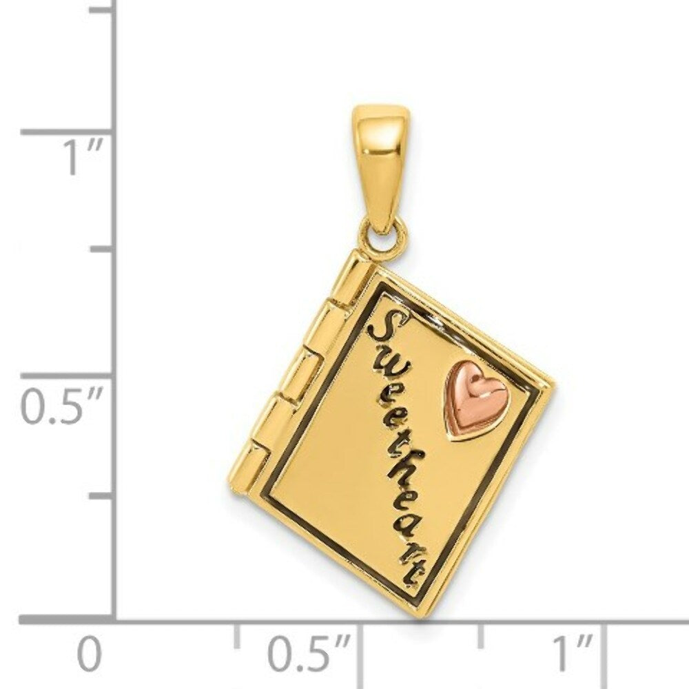 14K Yellow Gold Two tone 3-D Moveable SweetHeart Book Pendant