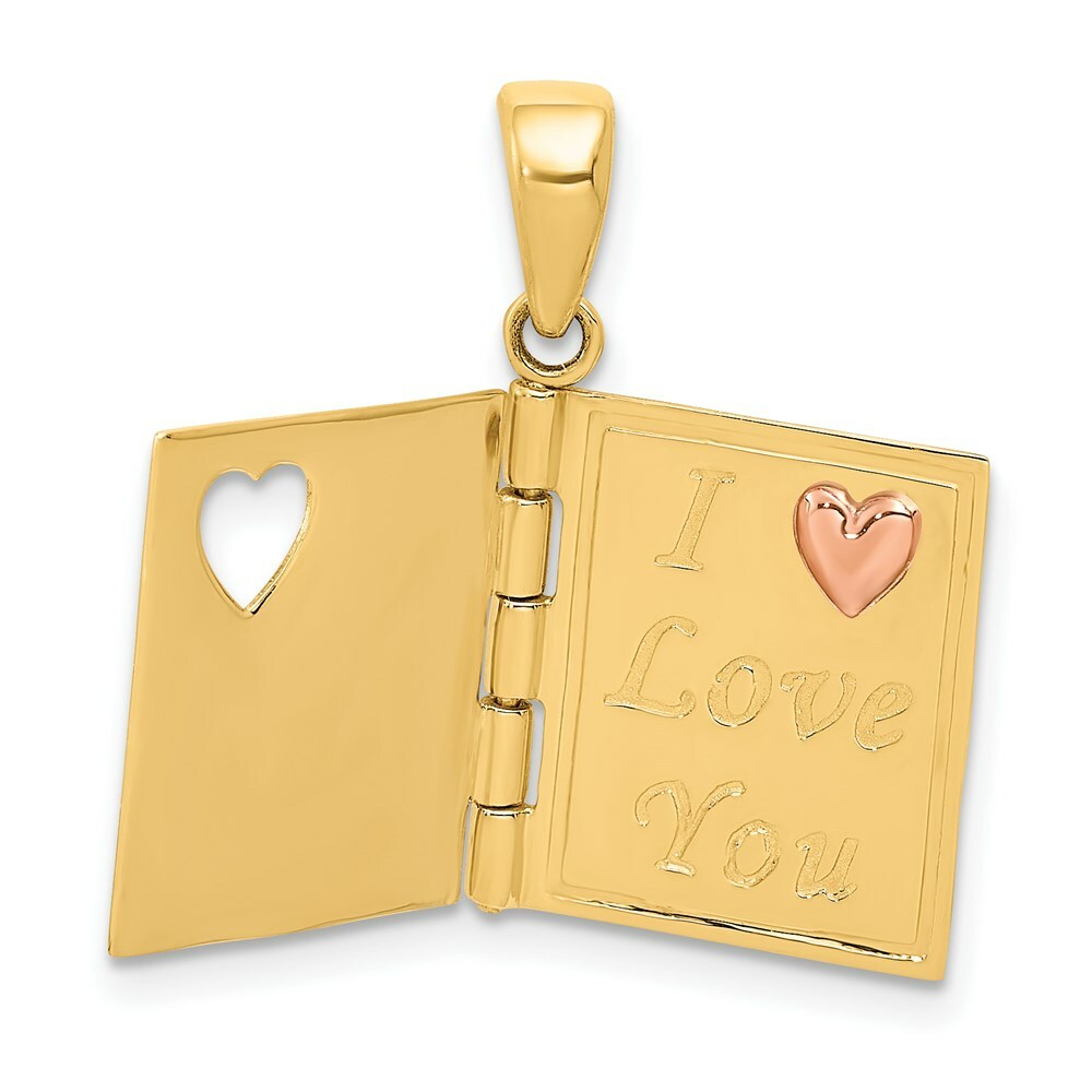 14K Yellow Gold Two tone 3-D Moveable SweetHeart Book Pendant