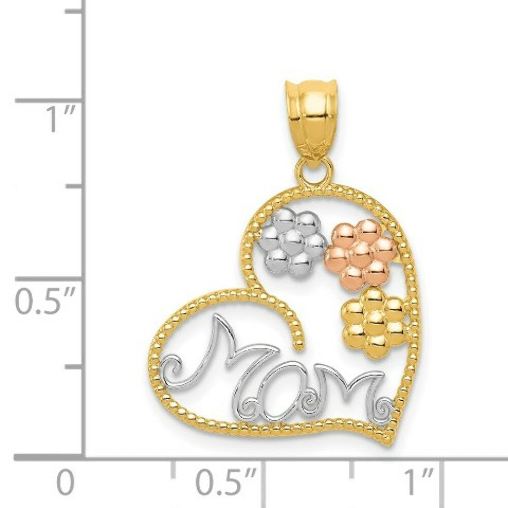 14K Yellow Gold Tricolor MOM & Flowers Pendant