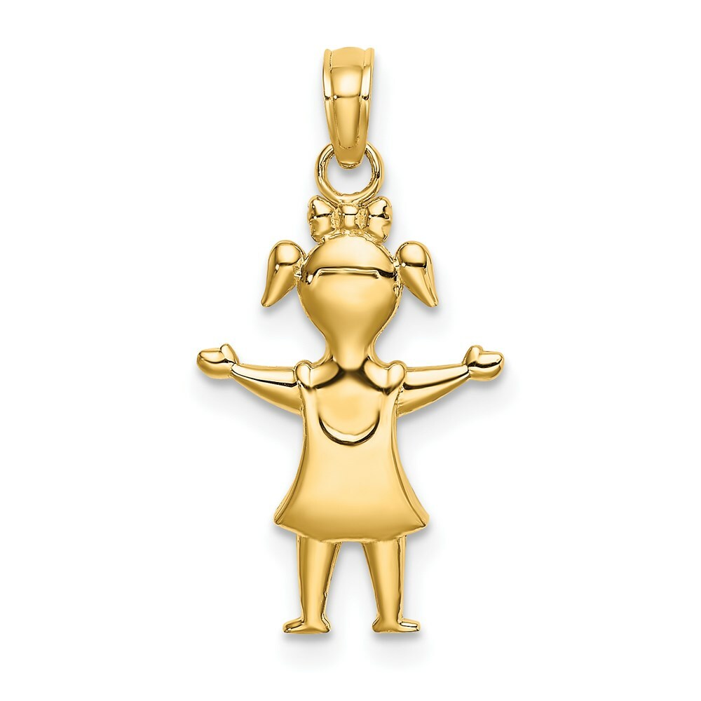 14K Yellow Gold Solid Polished Girl With Pig-Tails Charm Pendant