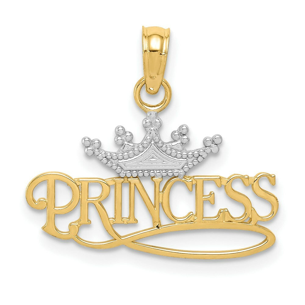 14K Yellow Gold & Rhodium Polished Princess with Crown Pendant