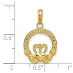 Load image into Gallery viewer, 14K Yellow Gold Satin Diamond-cut Flat-Backed Claddagh Pendant
