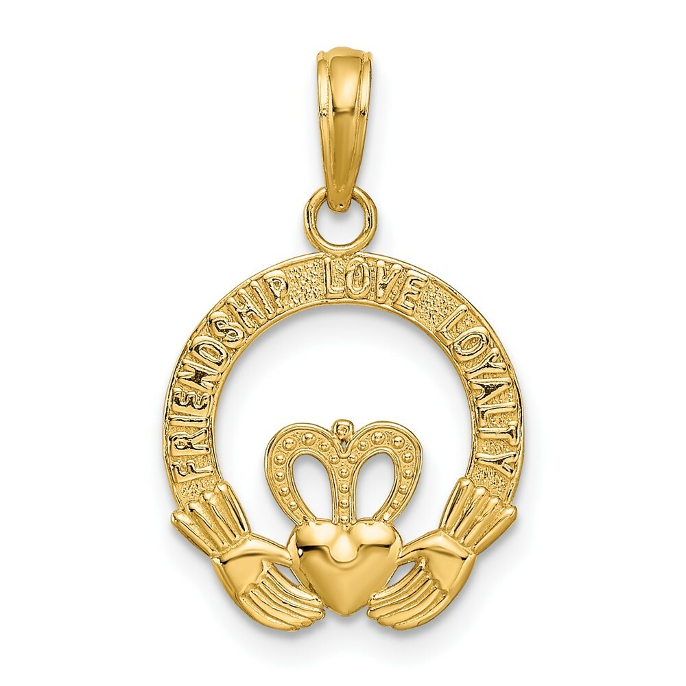 14K Yellow Gold Satin Diamond-cut Flat-Backed Claddagh Pendant