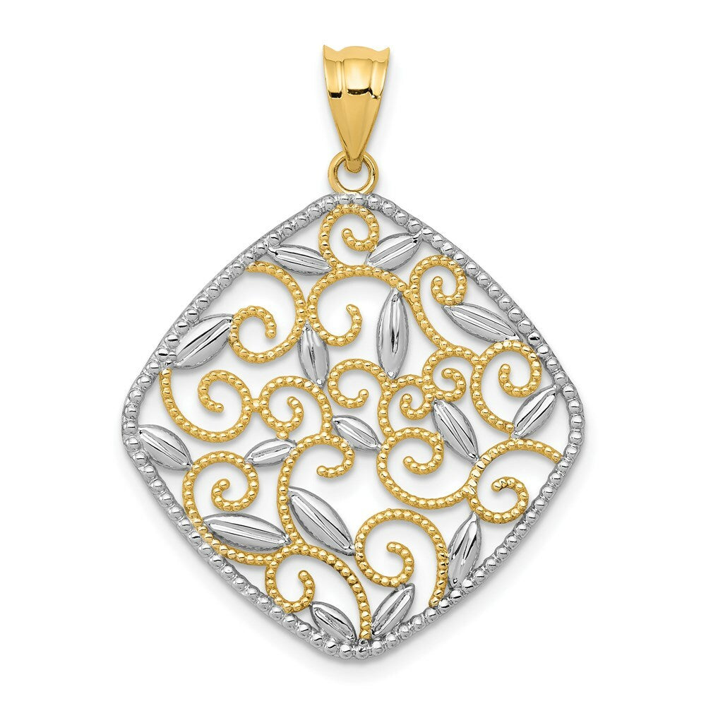 14K Yellow Gold & Rhodium Diamond-cut Filigree Swirl Pendant