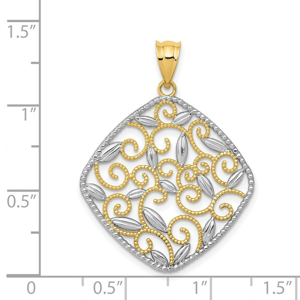 14K Yellow Gold & Rhodium Diamond-cut Filigree Swirl Pendant
