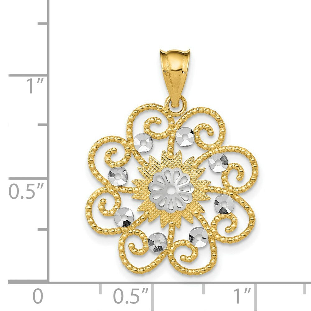 14K Yellow Gold & Rhodium Diamond-cut Swirl Round Pendant