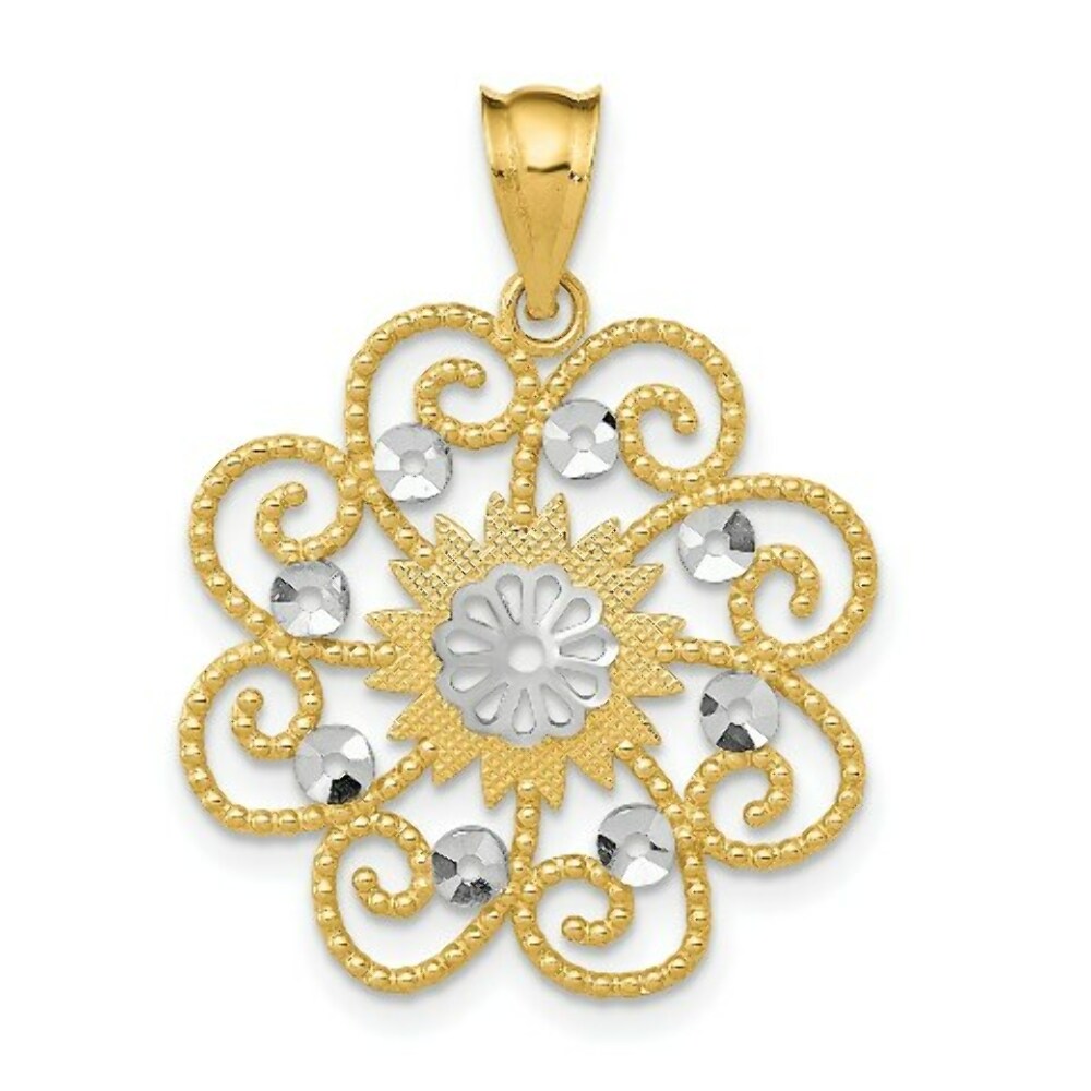 14K Yellow Gold & Rhodium Diamond-cut Swirl Round Pendant