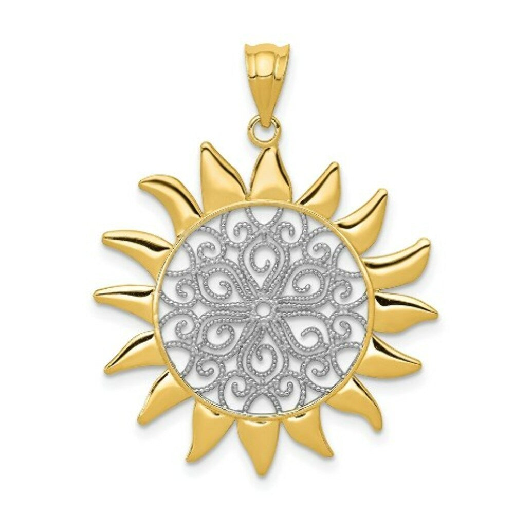14K Yellow Gold & Rhodium Sun Filigree Pendant