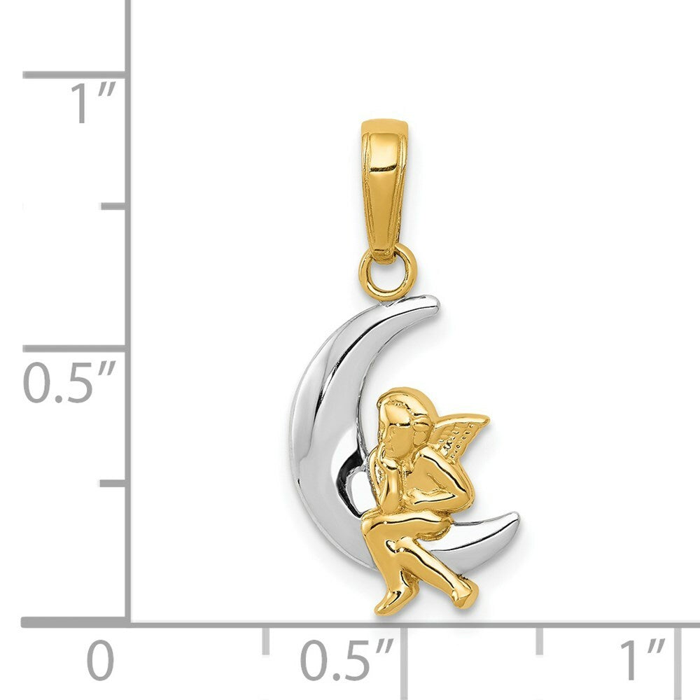 14K Yellow Gold & Rhodium Polished Moon w/ Angel Pendant