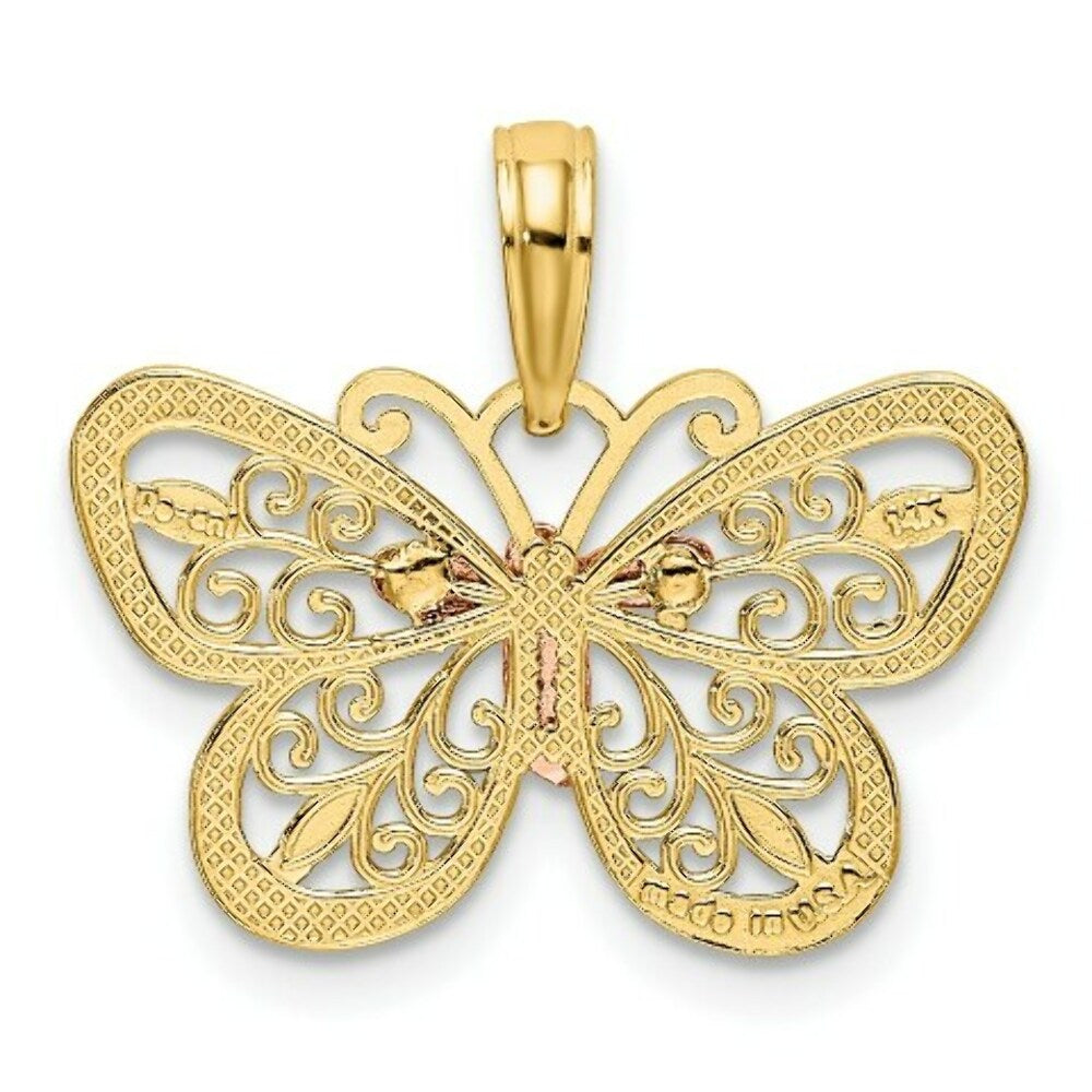 14K Yellow Gold Yellow & Rose gold with Rhodium Diamond-cut Butterfly Pendant