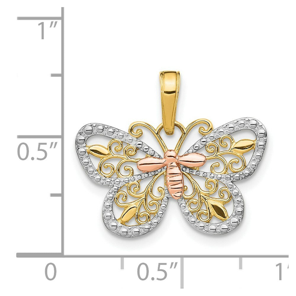 14K Yellow Gold Yellow & Rose gold with Rhodium Diamond-cut Butterfly Pendant