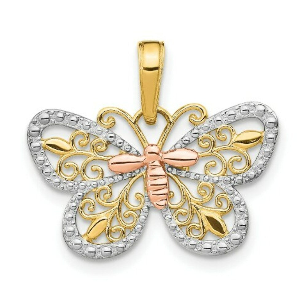 14K Yellow Gold Yellow & Rose gold with Rhodium Diamond-cut Butterfly Pendant