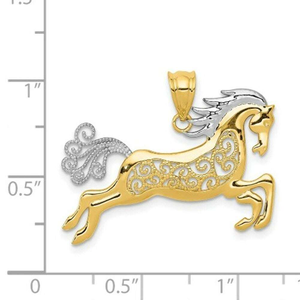 14K Yellow Gold & Rhodium Filigree Horse Pendant