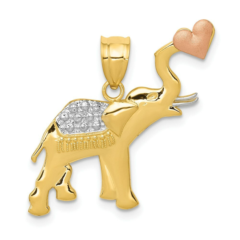 14K Yellow Gold Yellow & Rose Gold w/ Rhodium Diamond-cut Elephant w/Heart Pendant