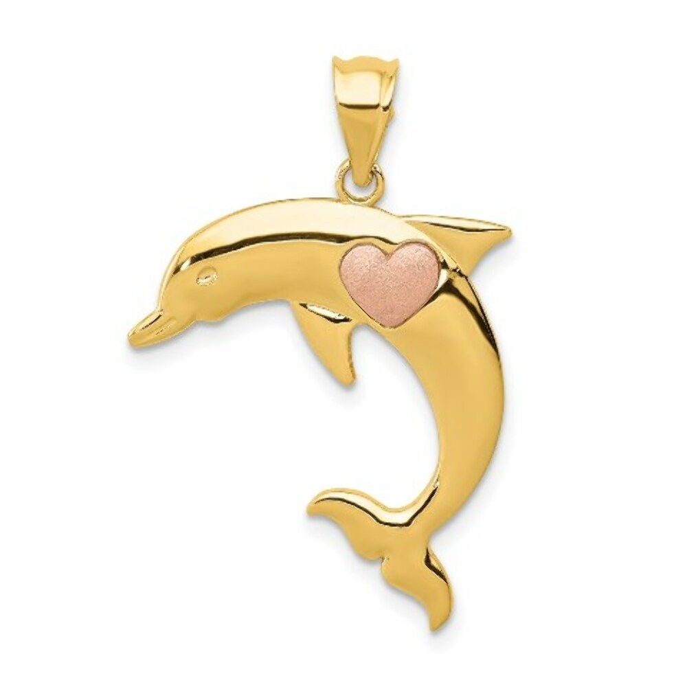 14K Yellow Gold Two Tone Dolphin w/Heart Pendant