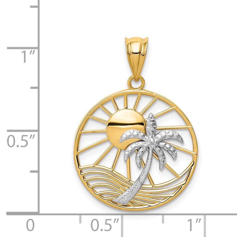14K Yellow Gold Two tone Sun & Palm Tree Pendant