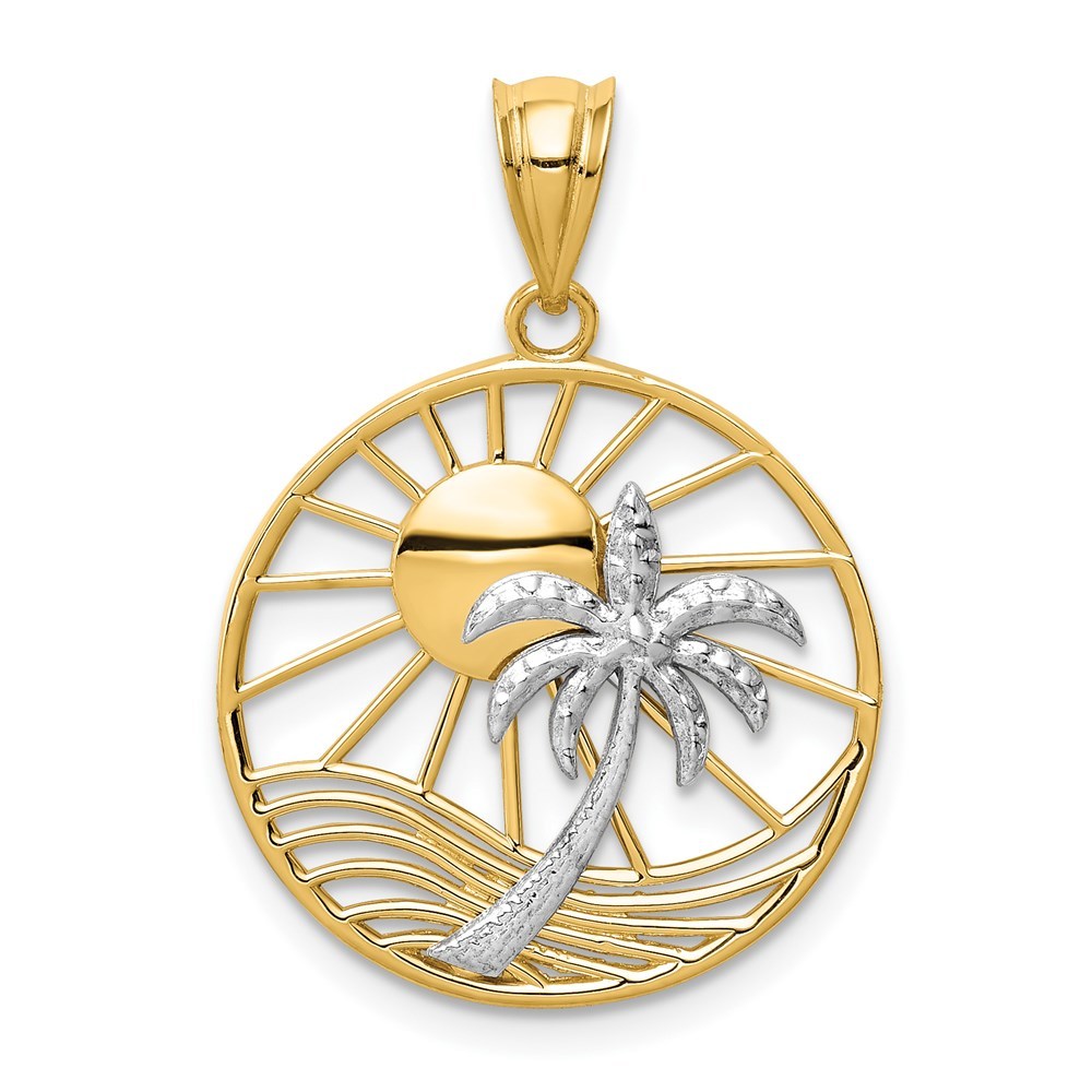 14K Yellow Gold Two tone Sun & Palm Tree Pendant