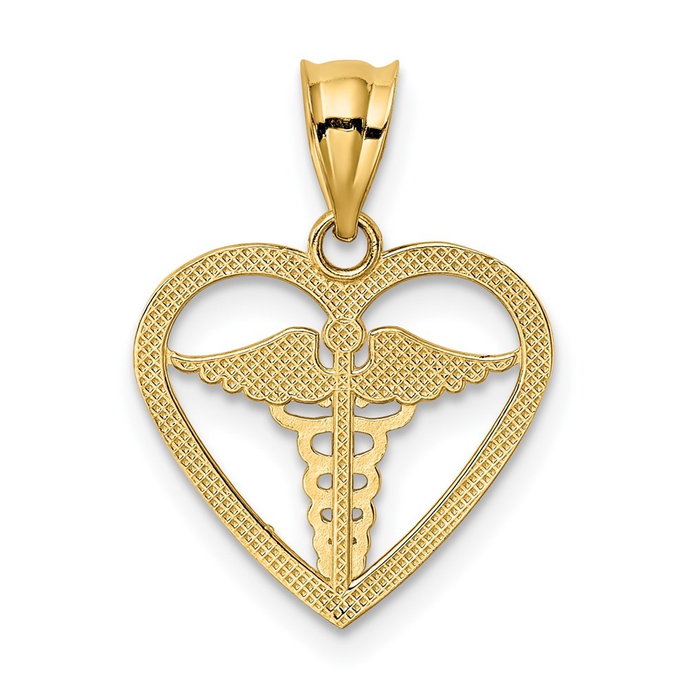 14K Yellow Gold Caduceus Heart Medical Pendant