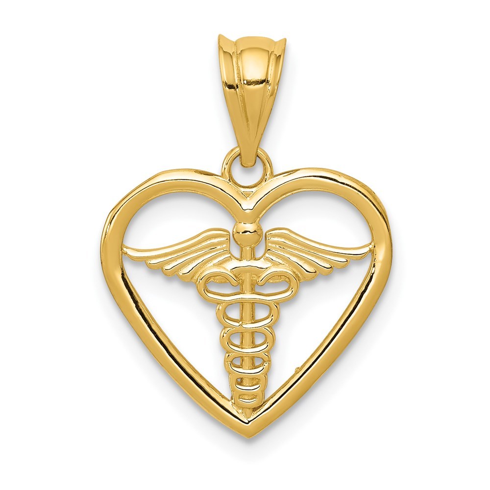 14K Yellow Gold Caduceus Heart Medical Pendant