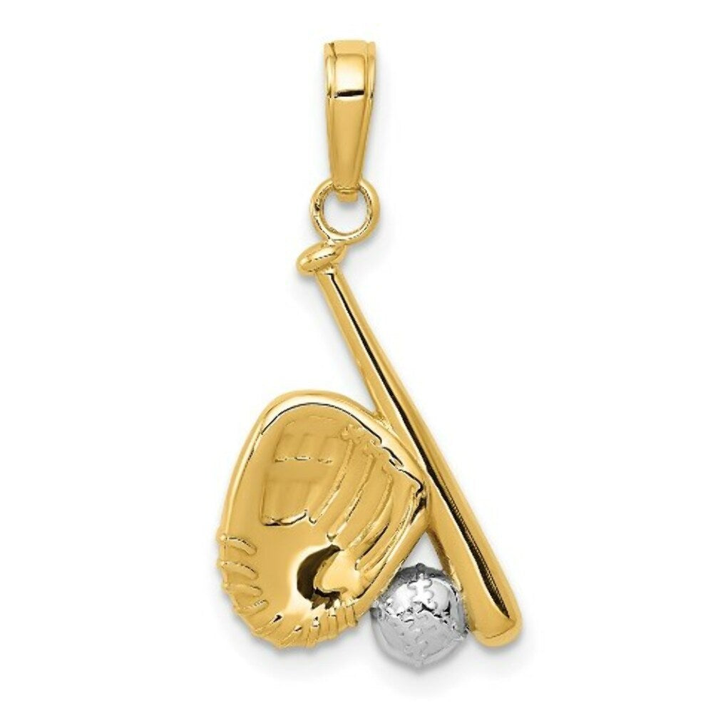 14K Yellow Gold & Rhodium Baseball, Bat, & Glove Pendant