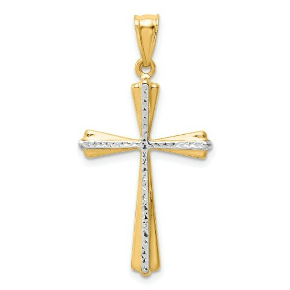 14K Yellow Gold Rhodium Diamond Cut Cross Pendant 30mm length