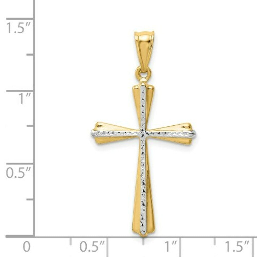 14K Yellow Gold Rhodium Diamond Cut Cross Pendant 30mm length