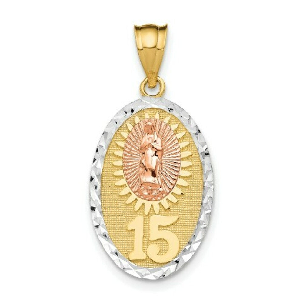 14K Yellow Gold Yellow & Rose Gold w/Rhodium Guadalupe & 15 Pendant
