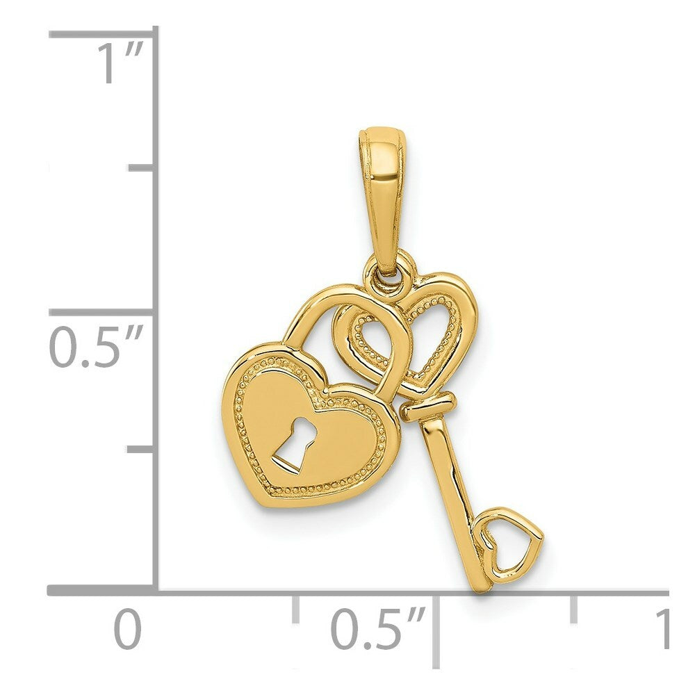 14K Yellow Gold Polished Key and Heart Shaped Lock Moveable Pendant
