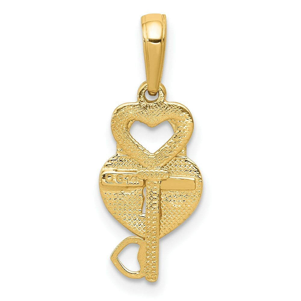 14K Yellow Gold Polished Key and Heart Shaped Lock Moveable Pendant