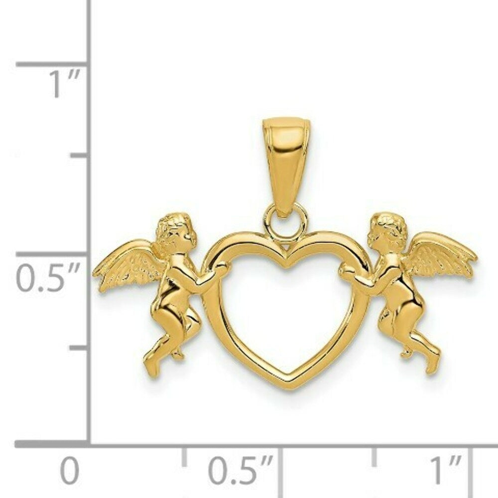 14K Yellow Gold Flying Cherubs Holding Heart Pendant
