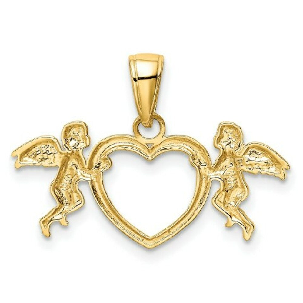 14K Yellow Gold Flying Cherubs Holding Heart Pendant