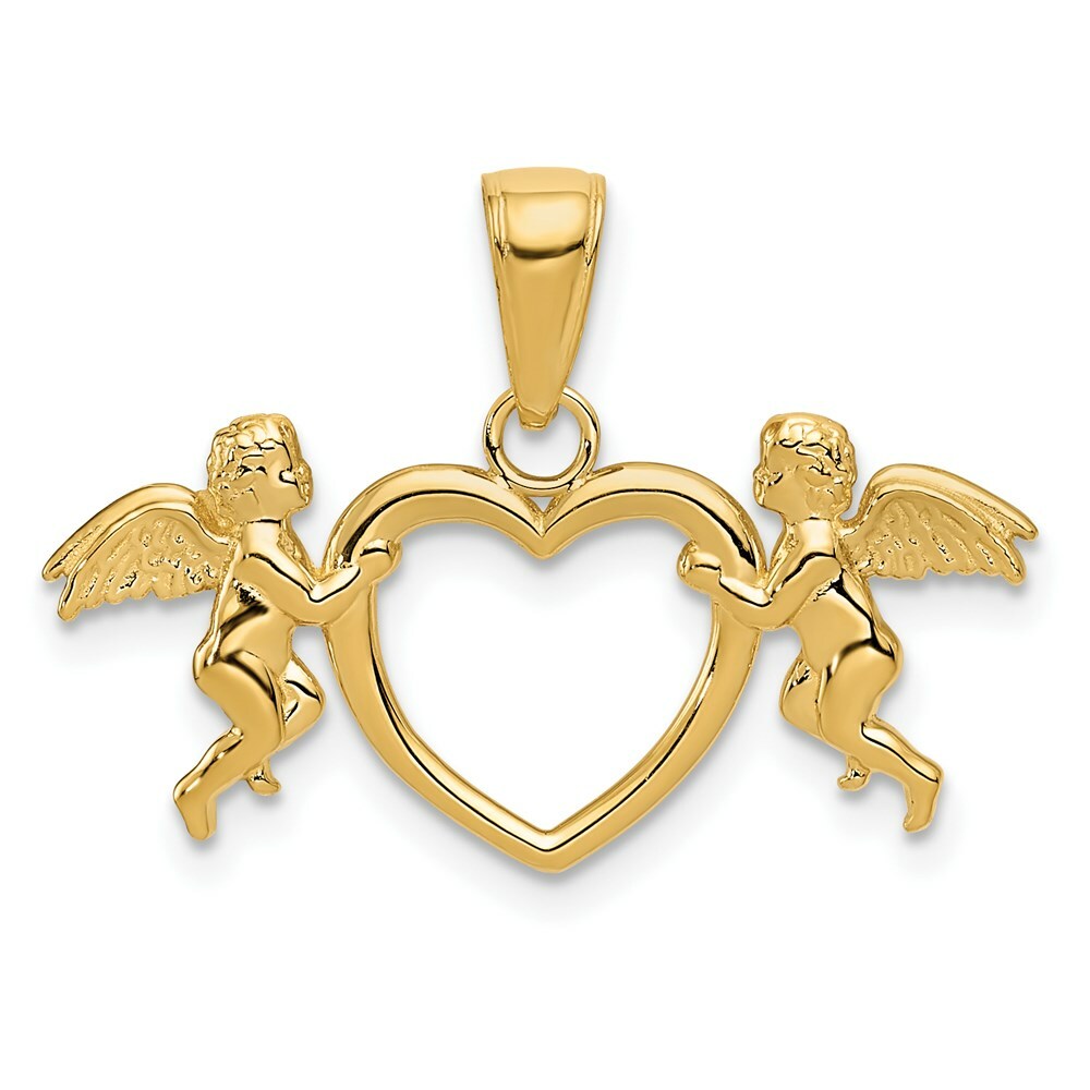 14K Yellow Gold Flying Cherubs Holding Heart Pendant