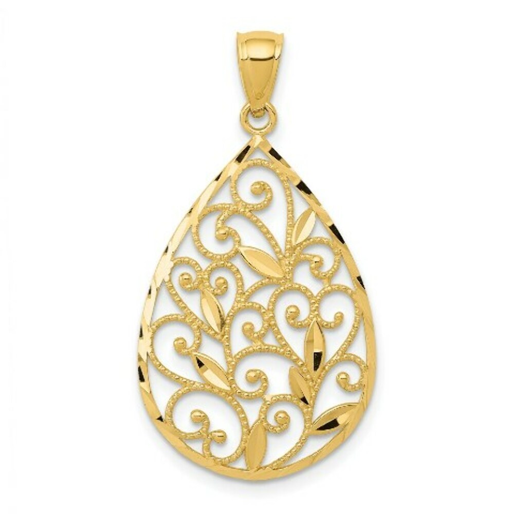 14K Yellow Gold Polished & Textured Filigree Teardrop Pendant