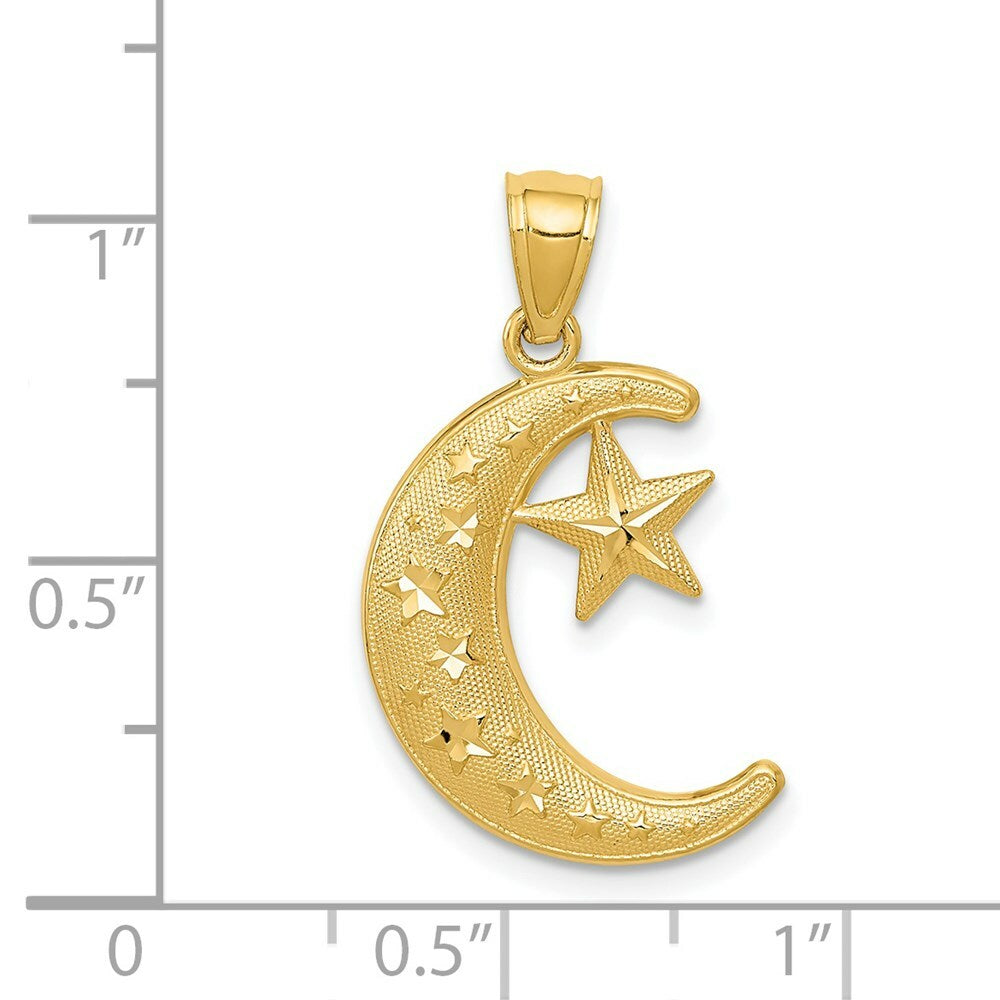 14K Yellow Gold Polished & Textured Moon & Stars Pendant