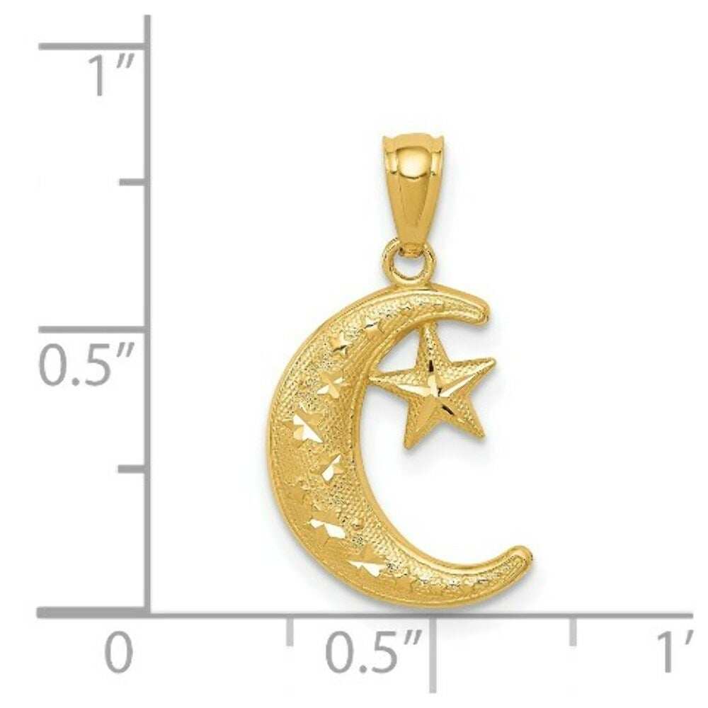14K Yellow Gold Polished & Textured Moon & Stars Pendant