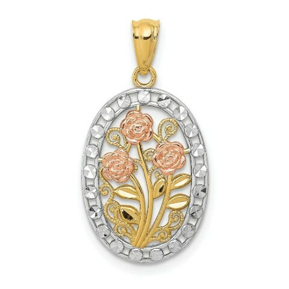 14K Yellow Gold Y/R Gold Rhodium Polished & Textured Oval 3 Rose Pendant