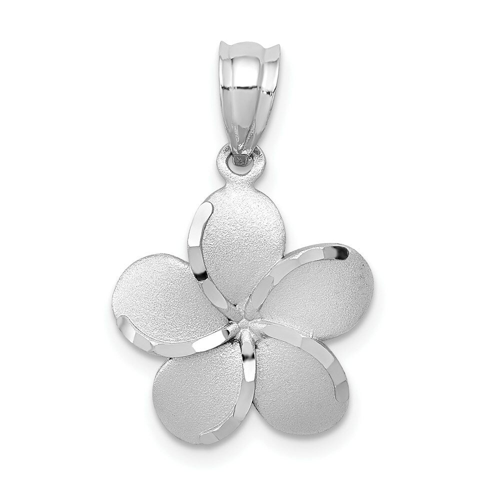 14K White Polished Satin Diamond-cut Plumeria Pendant