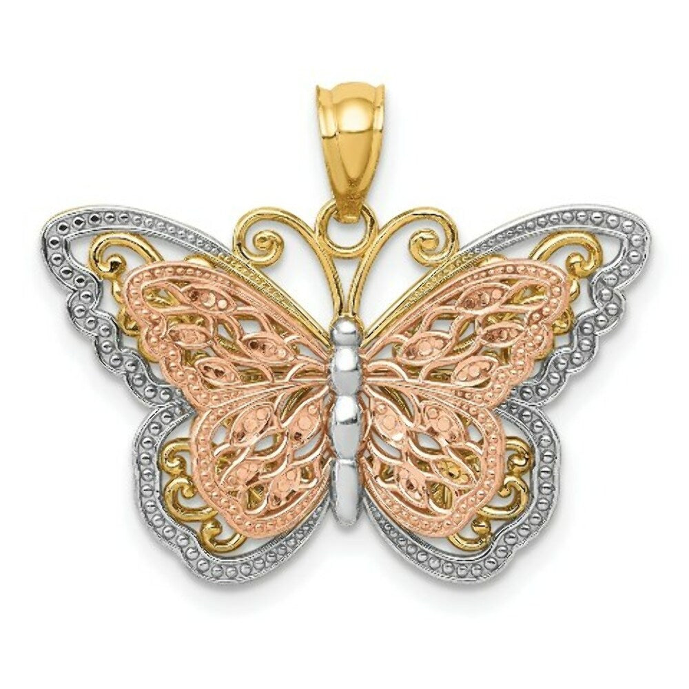 14K Yellow Gold Y/R Gold w/ Rhodium Polished Cut-out 2-level Butterfly Pendant