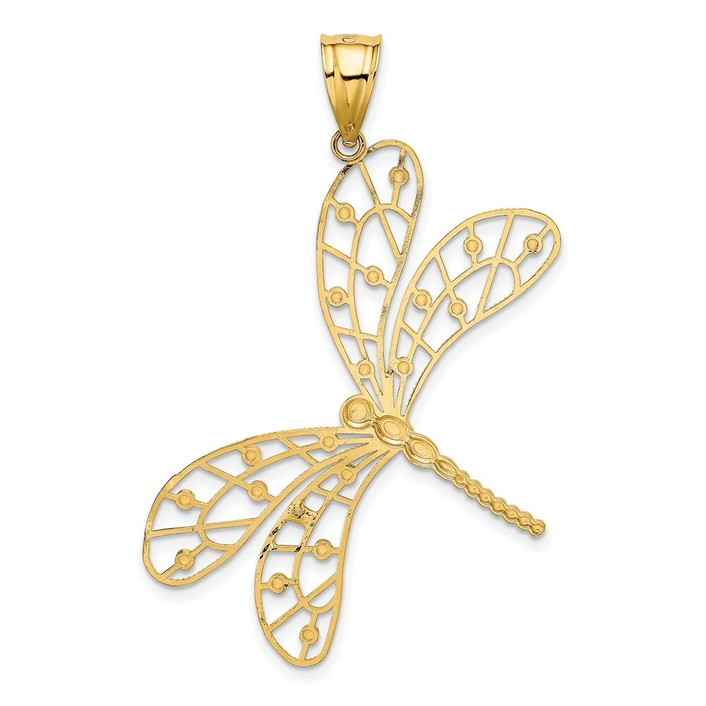 14K Two-tone Gold Polished Diamond-cut Filigree Dragonfly Pendant