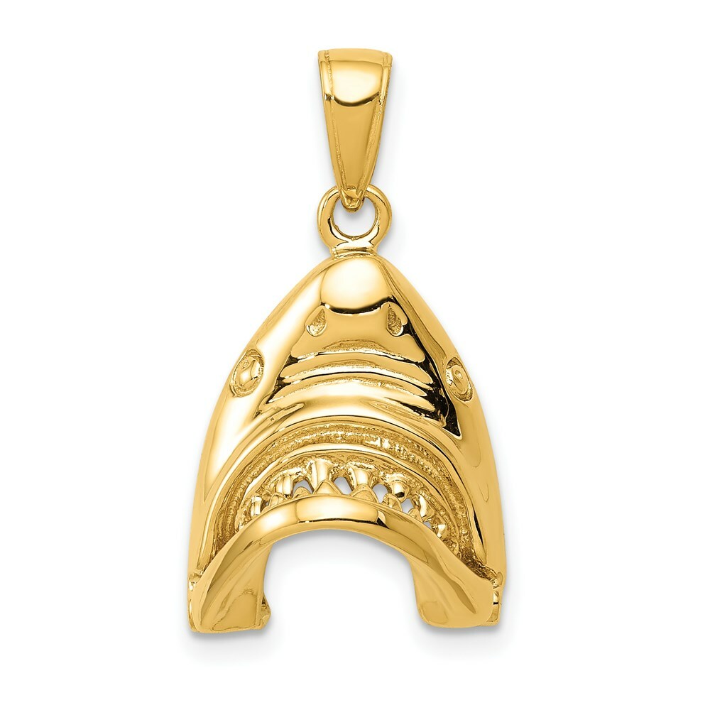 14K Yellow Gold Polished 2-D Jaws Shark Head Mouth Open Pendant