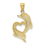 Load image into Gallery viewer, 14K Yellow Gold Polished &amp; Textured Dolphins w/Heart Pendant
